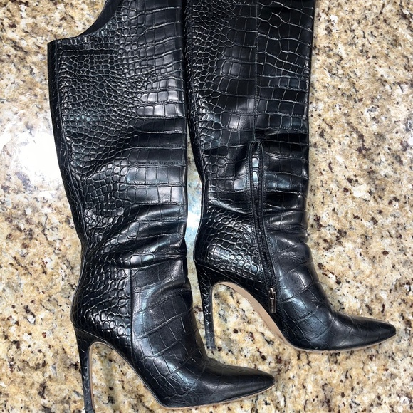 Vince Camuto Black Leather Croc-Embossed Knee High Boots – Size 7.5 - Picture 1 of 10